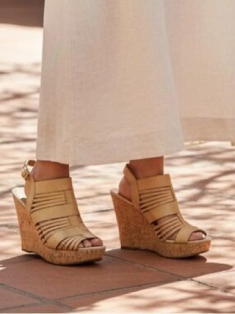 Franco Sarto Sharp tan leather cork wedge slingback sandals